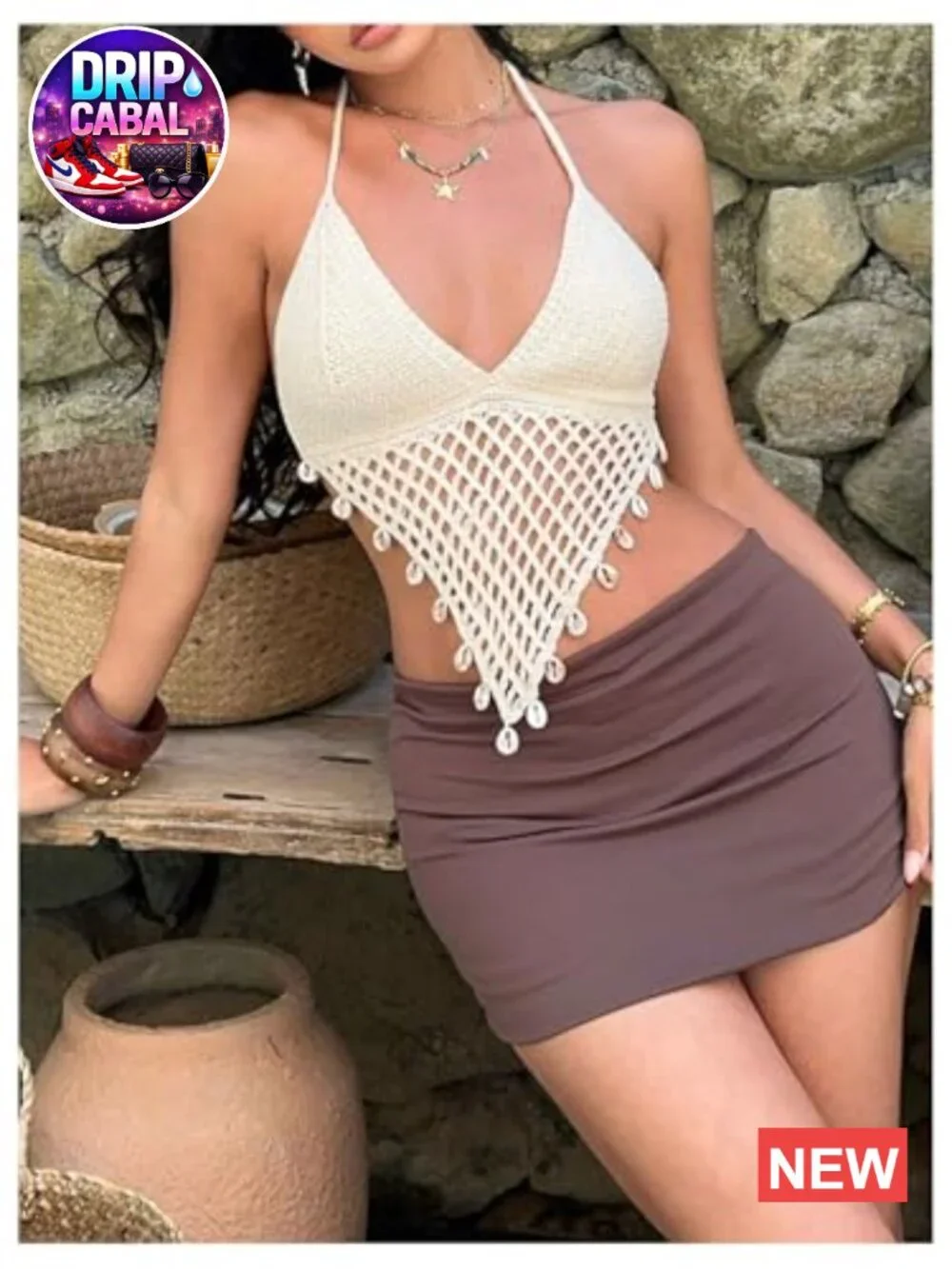 Boho Crochet Halter Top Asymmetrical V Neck Camisole Summer Vacation Beach - Picture 7 of 7